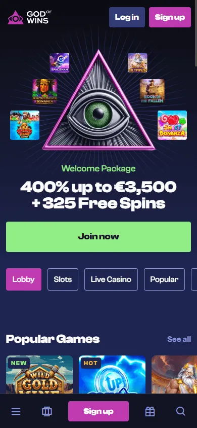 God Of Wins Casino home interface on a mobile device