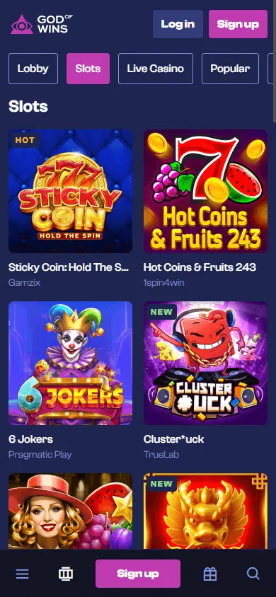 God Of Wins Casino games interface on a mobile device