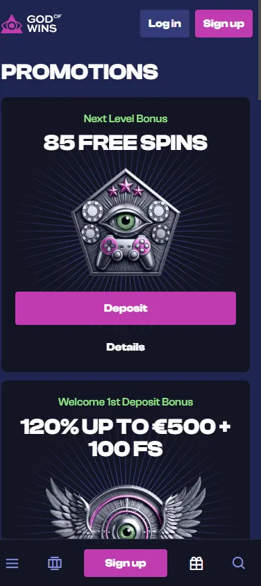 God Of Wins Casino promotions interface on a mobile device