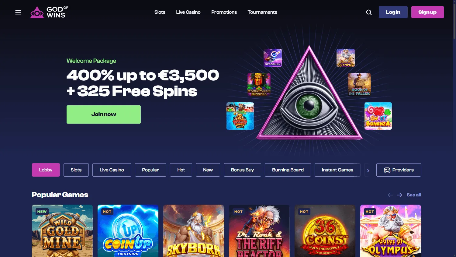 God Of Wins Casino home interface on desktop
