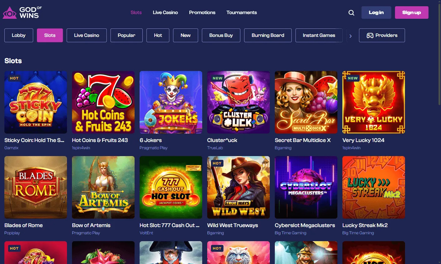 God Of Wins Casino games interface on desktop