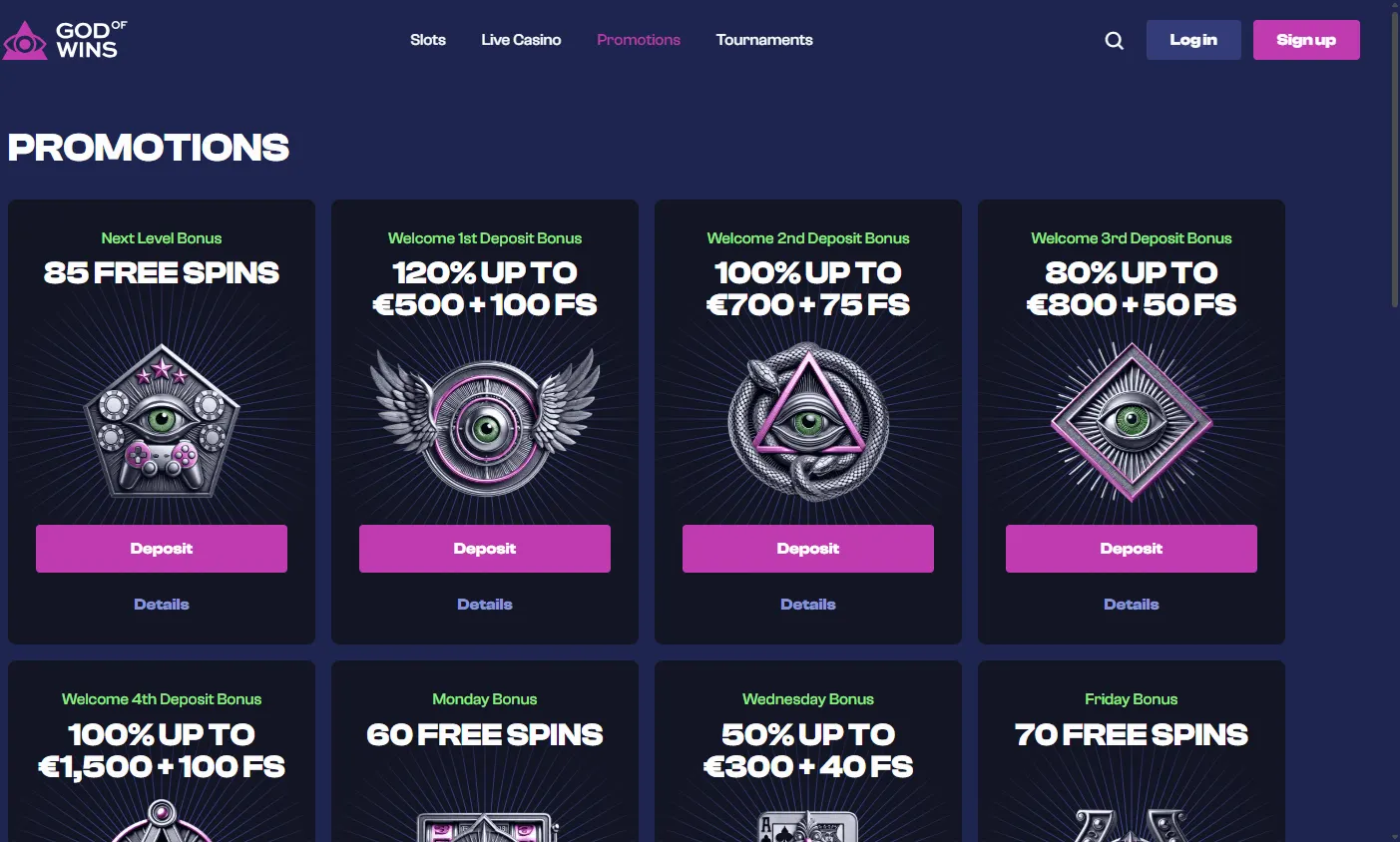God Of Wins Casino promotions interface on desktop